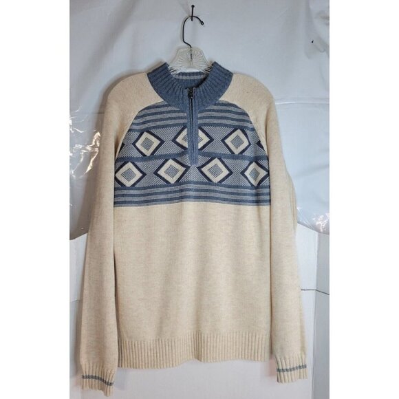 Ecoths M Cardigan Sweater NEW casual beachy lightweight‎ beige/blue Argyle print - Picture 1 of 4